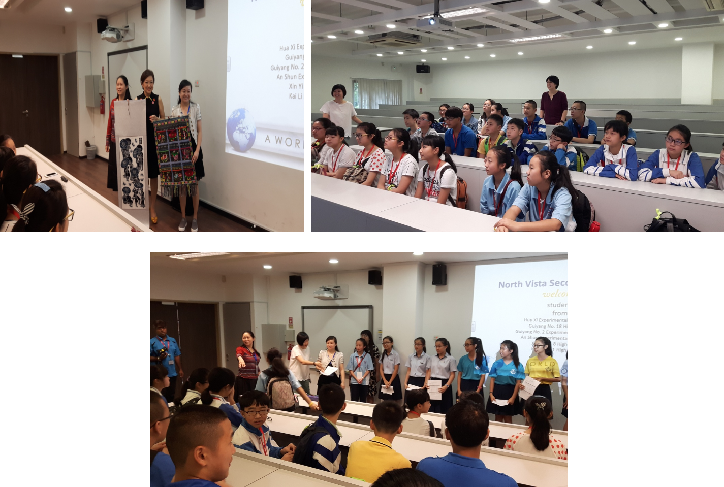 Three photos of students in a lecture hall during a school welcome event with a presentation screen visible.
